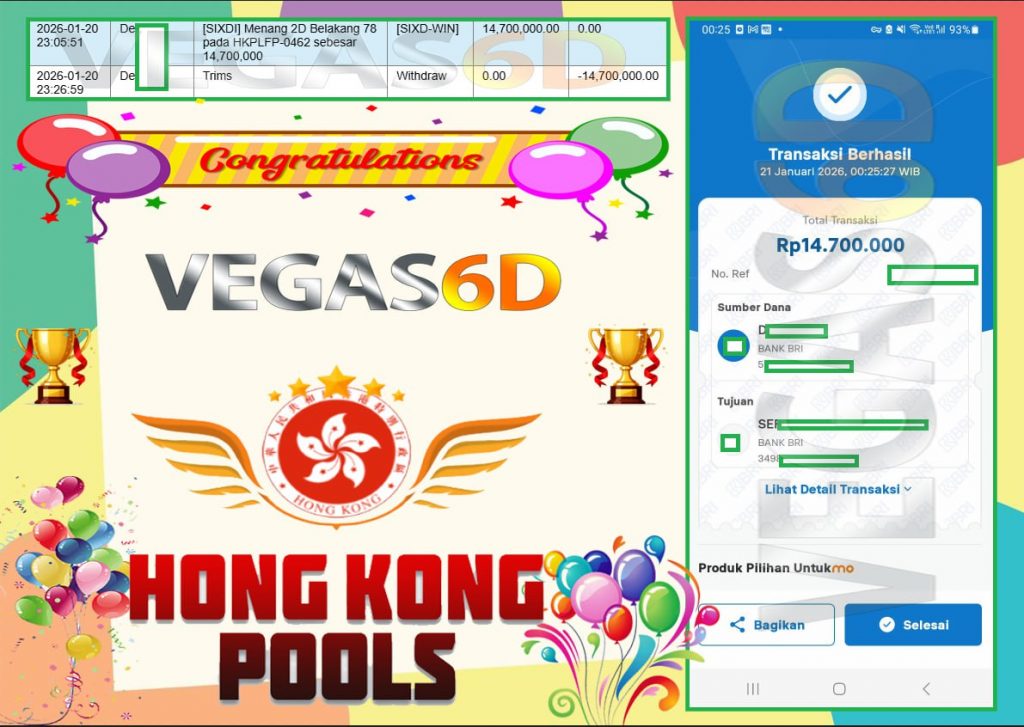 VEGAS6D JACKPOT TOGEL PASARAN HONGKONG POOLS Rp.14.700.000,- LUNAS