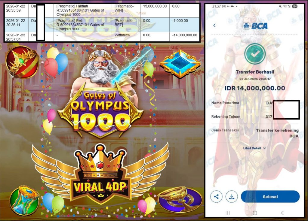 VIRAL4DP JACKPOT PRAGMATIC GATES OF OLYMPUS 1000 Rp.14.000.000,- LUNAS