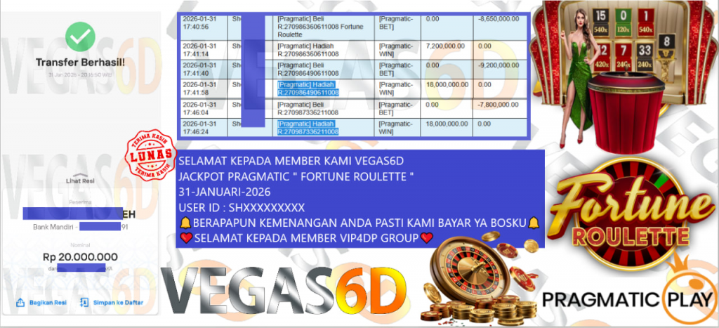 VEGAS6D JACKPOT PRAGMATIC FORTUNE ROULETTE Rp.20.000.000,- LUNAS