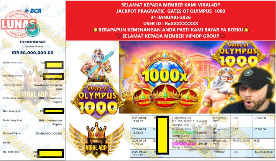 VIRAL4DP JACKPOT PRAGMATIC GATES OF OLYMPUS 1000 Rp.50.000.000,- LUNAS