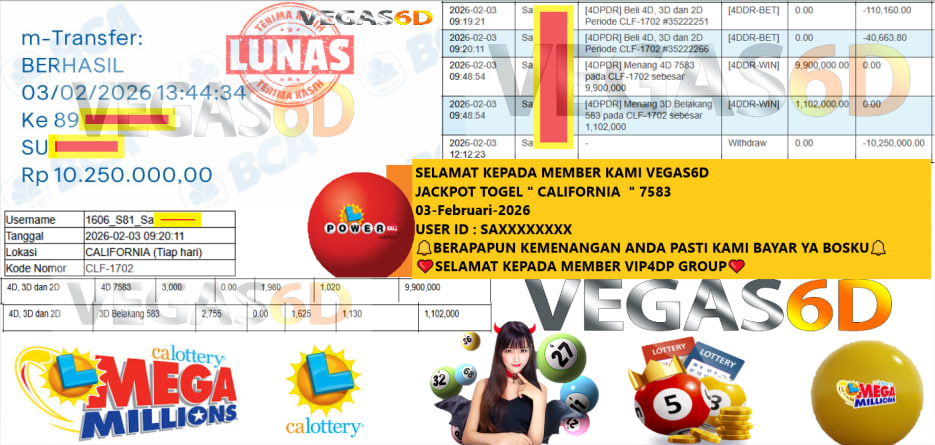 VEGAS6D JACKPOT TOGEL CALIFORNIA (7583) Rp.10.250.000,- LUNAS
