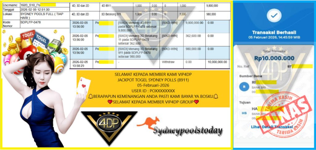 VIP4DP JACKPOT TOGEL SYDNEY POLLS (8911) Rp.10.000.000,- LUNAS