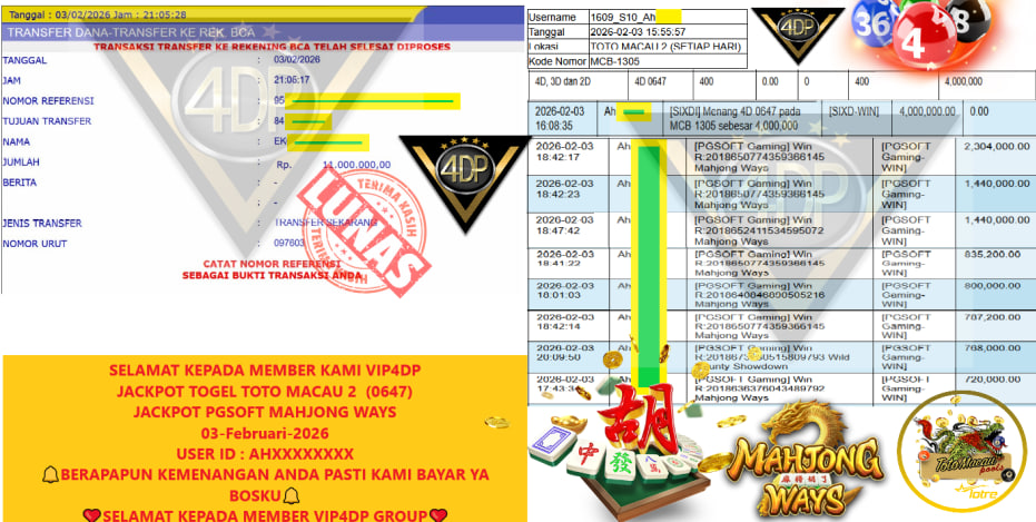 VIP4DP JACKPOT TOGEL TOTO MACAU 2 (0647) & JACKPOT PGSOFT MAHJONG WAYS Rp.11.000.000,- LUNAS