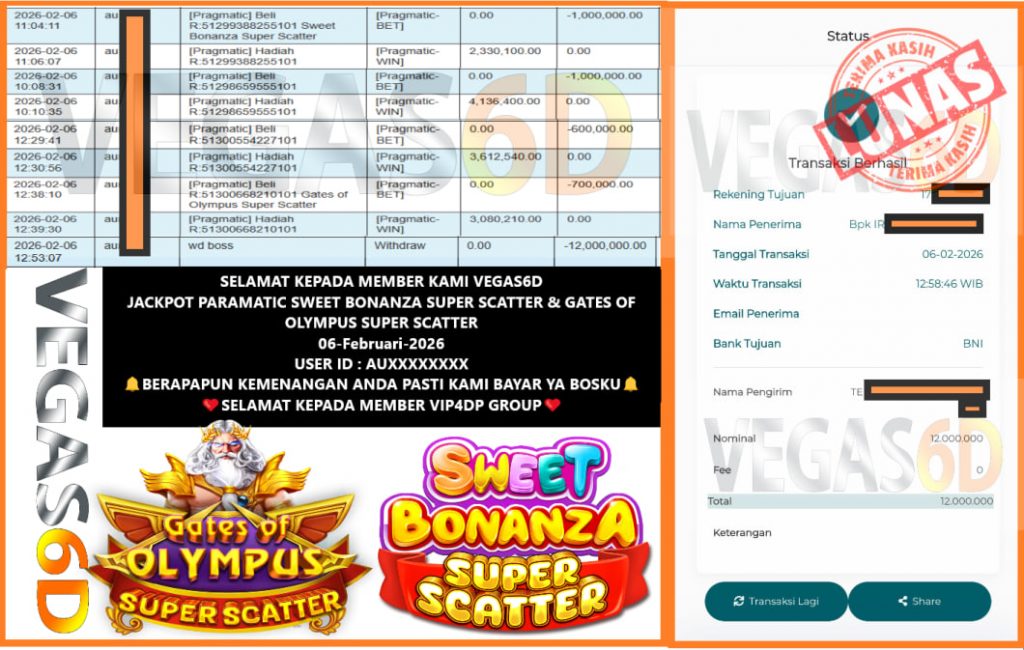 VEGAS6D JACKPOT PRAGMATIC SWEET BONANZA SUPER SCATTER & GATES OF OLYMPUS SUPER SCATTER Rp.12.000.000,- LUNAS