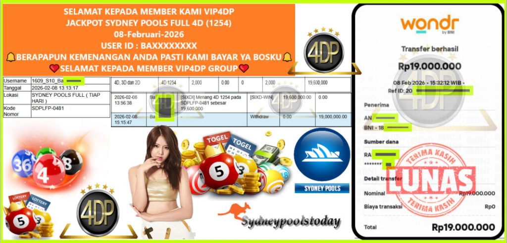 VIP4DP JACKPOT SYDNEY POOLS FULL 4D (1254) Rp.19.000.000,- LUNAS