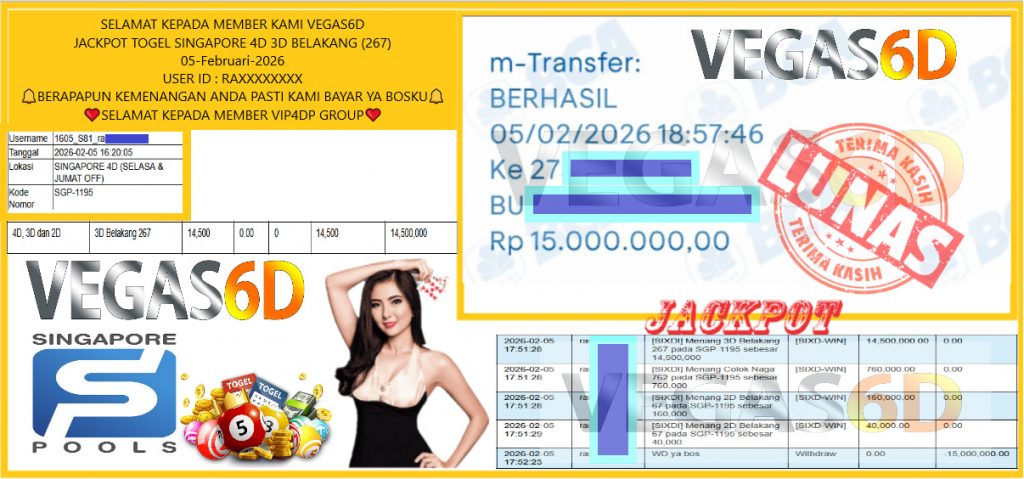 VEGAS6D JACKPOT TOGEL SINGAPORE 4D 3D BELAKANG (267) Rp.15.000.000,- LUNAS