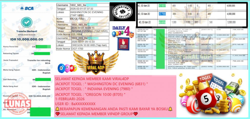 VIRAL4DP JACKPOT TOGEL WASHINGTON DC EVENING (6831), INDIANA EVENING (7980) & OREGON 10:00 (8705) Rp.10.000.000,-LUNAS