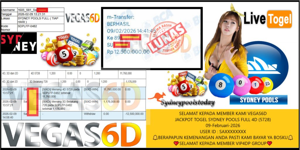 VEGAS6D JACKPOT TOGEL SYDNEY POOLS FULL 4D (5728) Rp.12.500.000,- LUNAS
