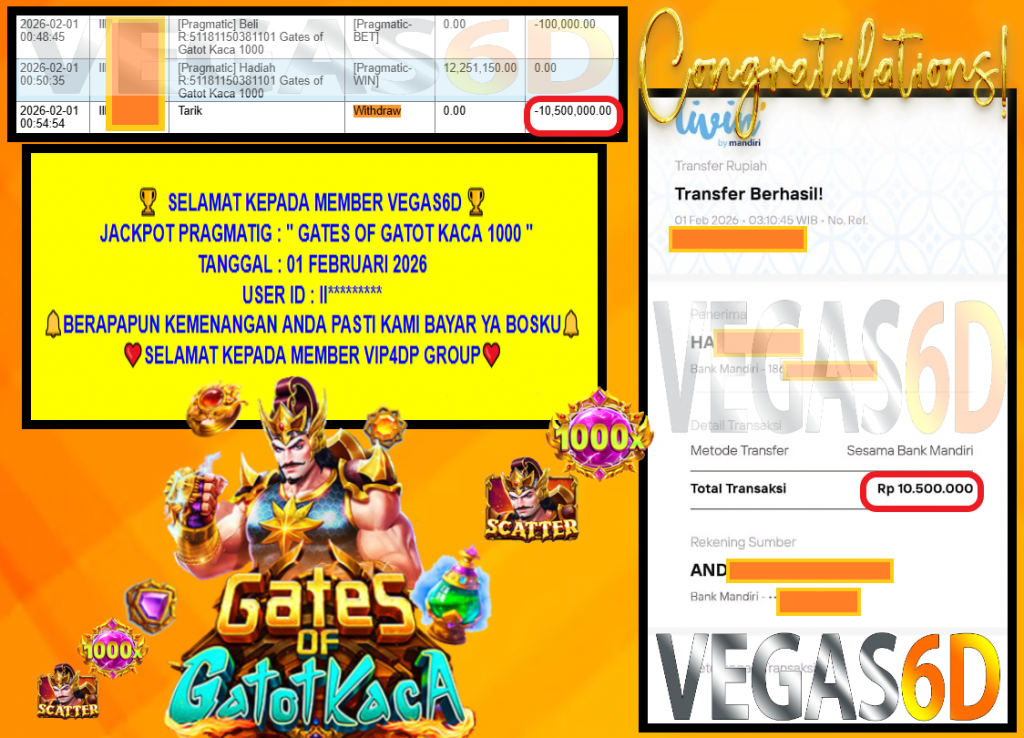 VEGAS6D JACKPOT PRAGMATIC GATES OF GATOT KACA 1000 Rp.10.500.000,- LUNAS