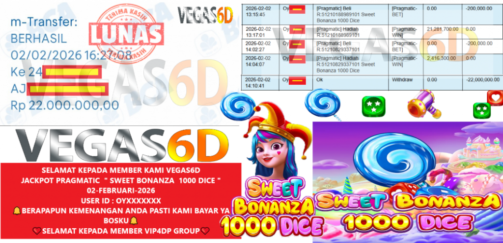 VEGAS6D JACKPOT PRAGMATIC SWEET BONANZA 1000 DICE Rp.22.000.000,- LUNAS