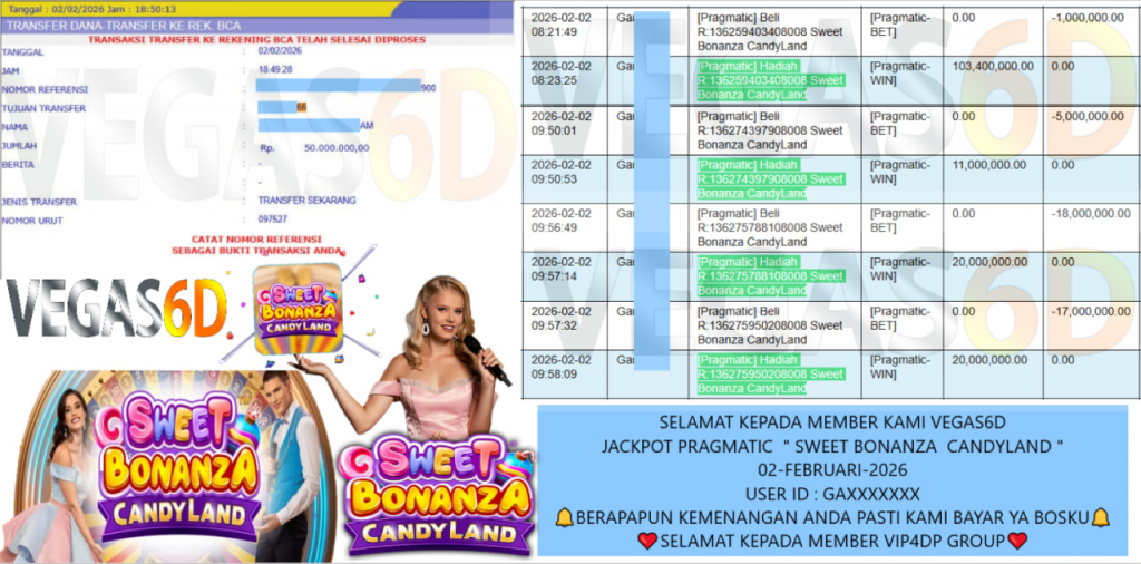 VEGAS6D JACKPOT PRAGMATIC SWEET BONANZA CANDYLAND Rp.50.000.000,- LUNAS