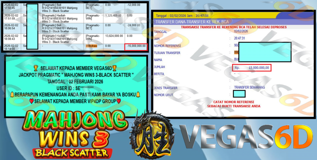 VEGAS6D JACKPOT PRAGMATIC MAHJONG WINS 3-BLACK SCATTER  Rp.15.000.000,- LUNAS