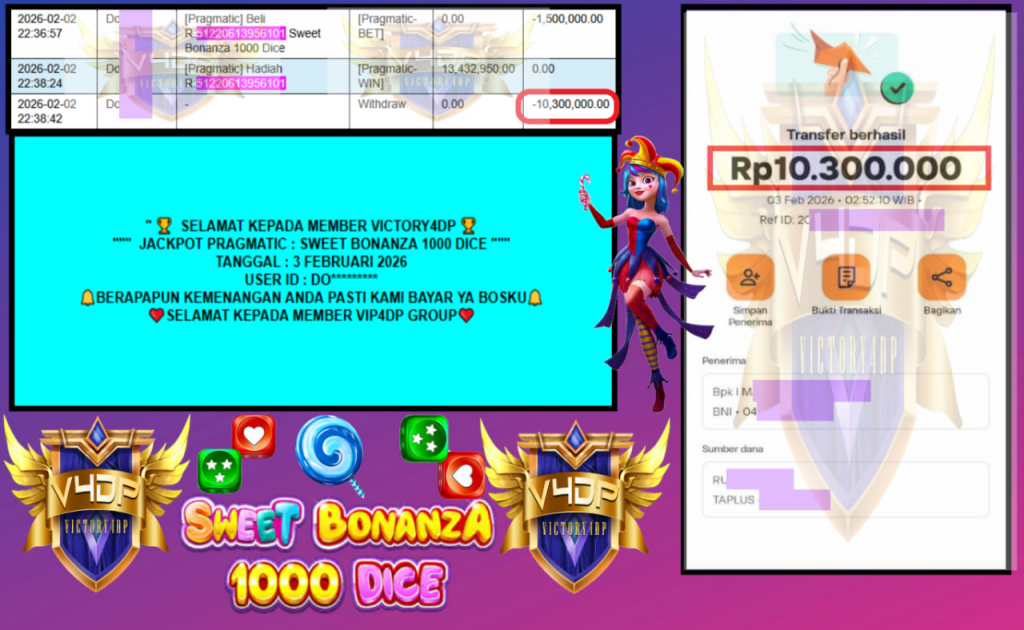 VICTORY4DP JACKPOT PRAGMATIC SWEET BONANZA 1000 DICE Rp.10.300.000,- LUNAS