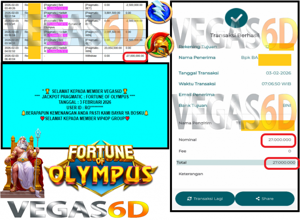 VEGAS6D JACKPOT PRAGMATIC FORTUNE OF OLYMPUS Rp.27.000.000,- LUNAS