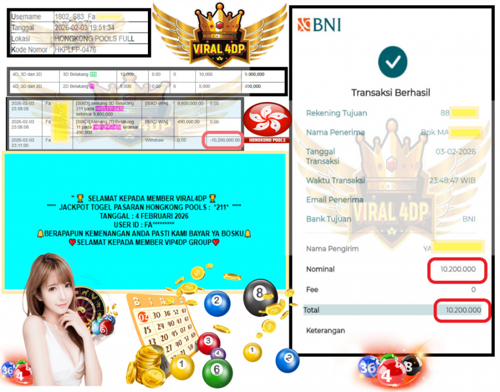 VIRAL4DP JACKPOT TOGEL PASARAN HONGKONG POOLS (9211) Rp.10.200.000,- LUNAS