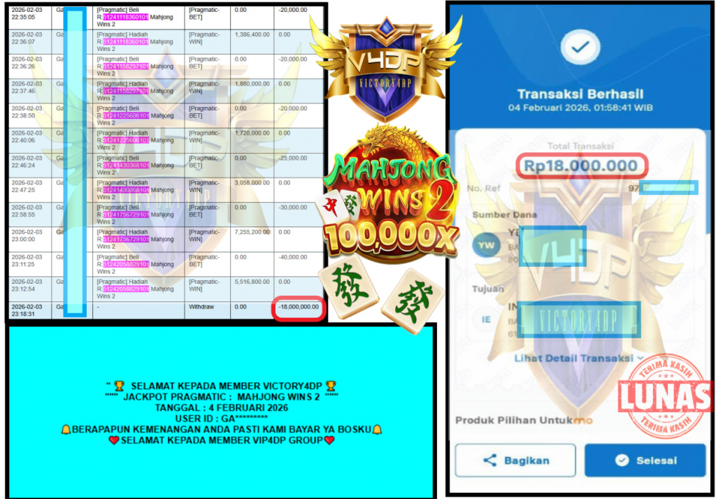 VICTORY4DP JACKPOT PRAGMATIC MAHJONG WINS 2 Rp.18.000.000,- LUNAS