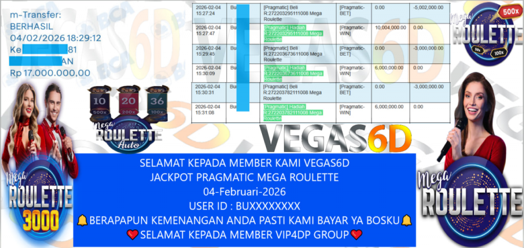VEGAS6D JACKPOT PRAGMATIC MEGA ROULETTE Rp.17.000.000,- LUNAS
