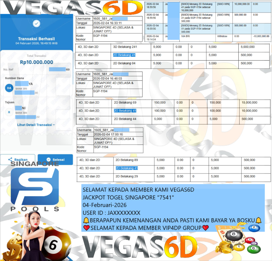VEGAS6D JACKPOT TOGEL SINGAPORE “7541” Rp.10.000.000,- LUNAS