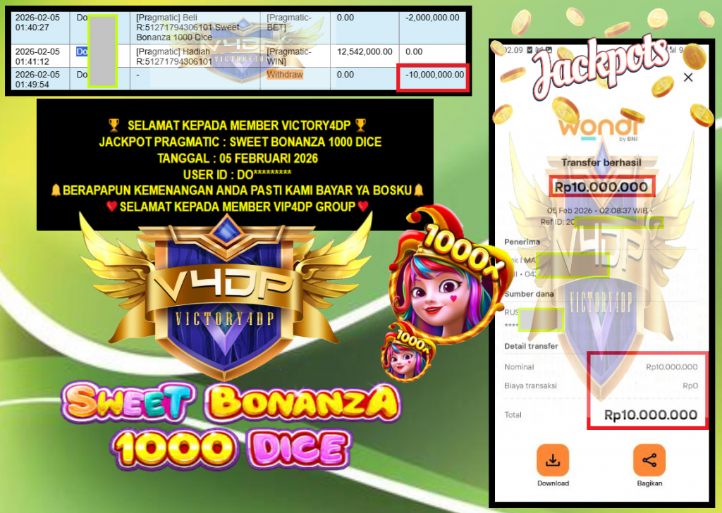 VICTORY4DP JACKPOT PRAGMATIC PRAGMATIC SWEET BONANZA 1000 DICE Rp.10.000.000,- LUNAS