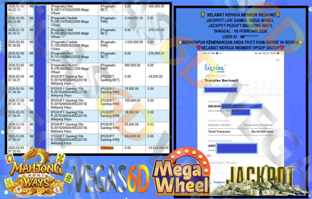 VEGAS6D JACKPOT JACKPOT LIVE GAMES: MEGA WHEEL & JACKPOT PGSOFT MAHJONG WAYS Rp.10.024.000,- LUNAS