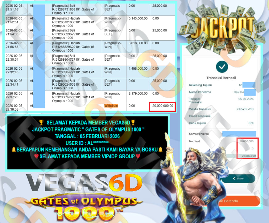 VEGAS6D JACKPOT PRAGMATIC GATES OF OLYMPUS 1000 Rp.20.000.000,- LUNAS