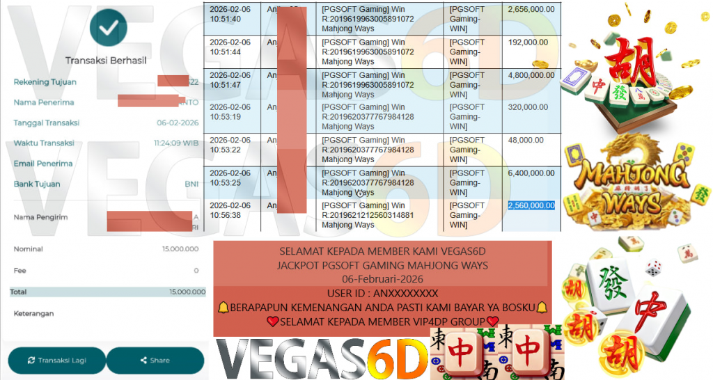 VEGAS6D JACKPOT PGSOFT GAMING MAHJONG WAYS Rp.15.000.000,- LUNAS