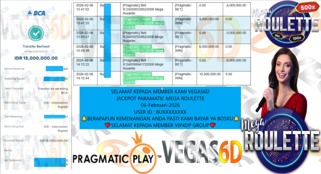 VEGAS6D JACKPOT PRAGMATIC MEGA ROULETTE Rp.15.000.000,- LUNAS