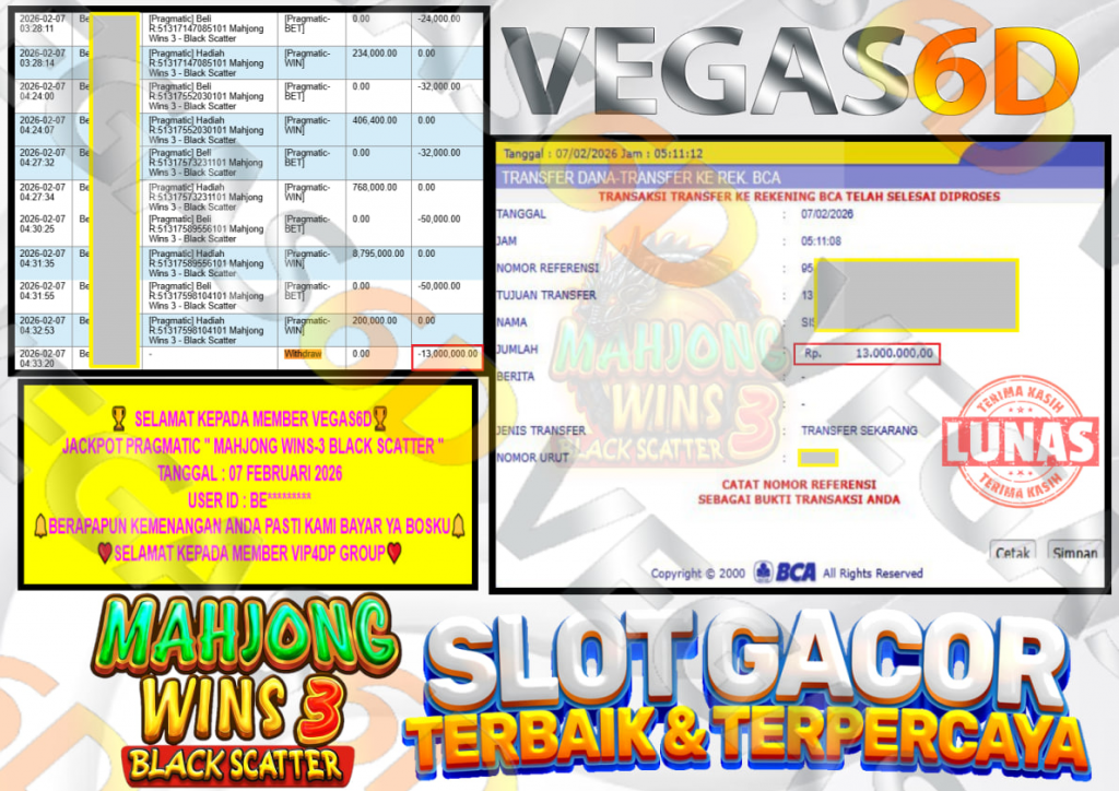 VEGAS6D JACKPOT PRAGMATIC MAHJONG WINS-3 BLACK SCATTER Rp.13.00.000,- LUNAS
