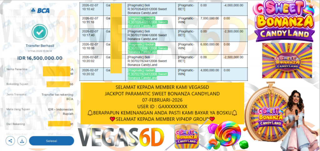 VEGAS6D JACKPOT PRAGMATIC SWEET BONANZA CANDYLAND Rp.16.500.000,- LUNAS