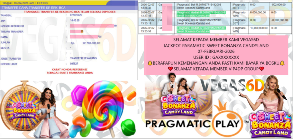 VEGAS6D JACKPOT PRAGMATIC SWEET BONANZA CANDYLAND Rp.22.700.000,- LUNAS