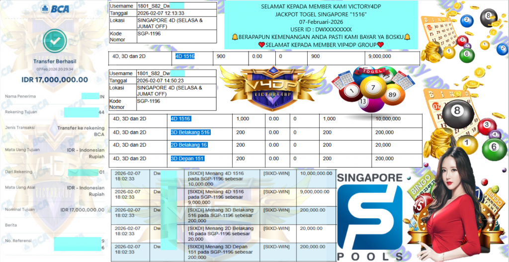 VICTORY4DP JACKPOT TOGEL SINGAPORE “1516” Rp.17.000.000,- LUNAS