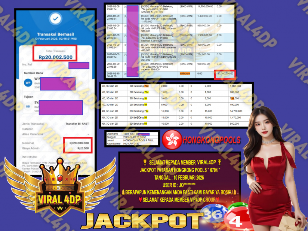 VIRAL4DP JACKPOT PASARAN HONGKONG POOLS ” 6794 ” Rp.20.000.000,- LUNAS