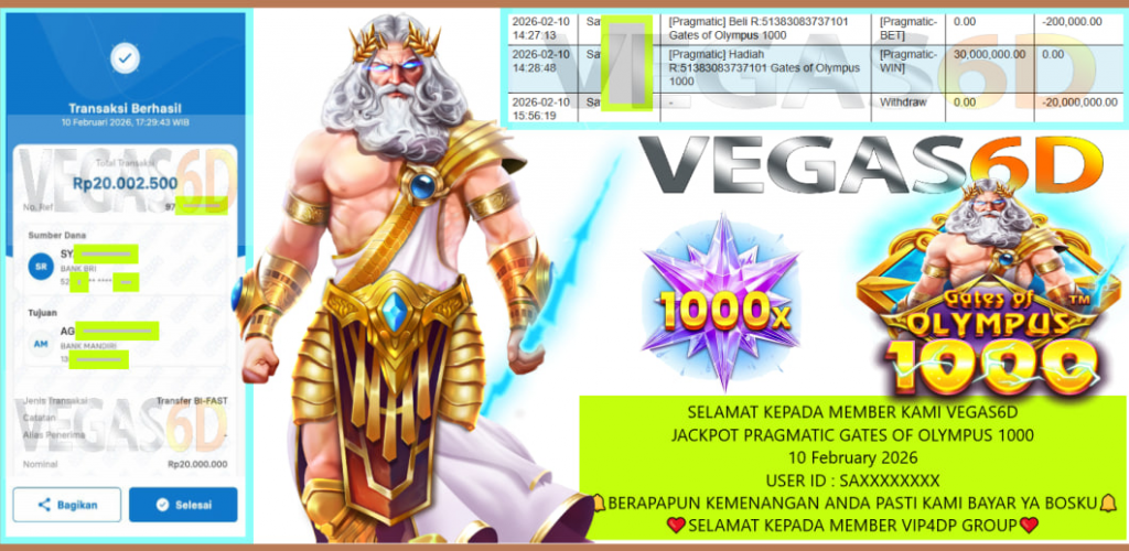 VEGAS6D JACKPOT PRAGMATIC GATES OF OLYMPUS 1000 Rp.20.000.000,- LUNAS