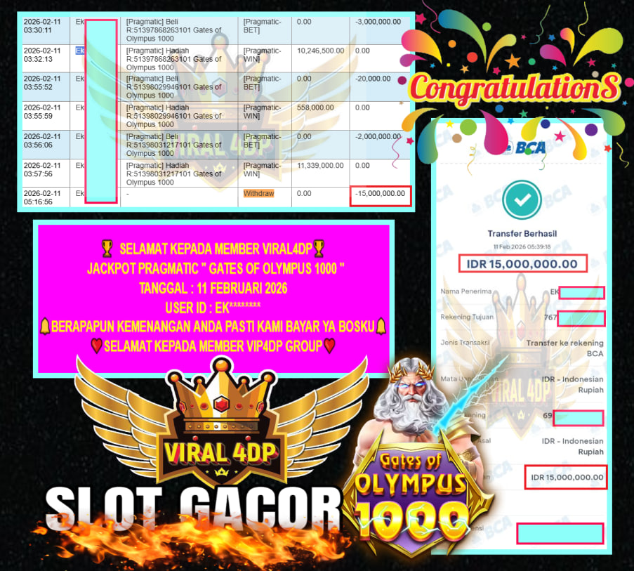 VIRAL4DP JACKPOT PRAGMATIC GATES OF OLYMPUS 1000 Rp.15.000.000,- LUNAS