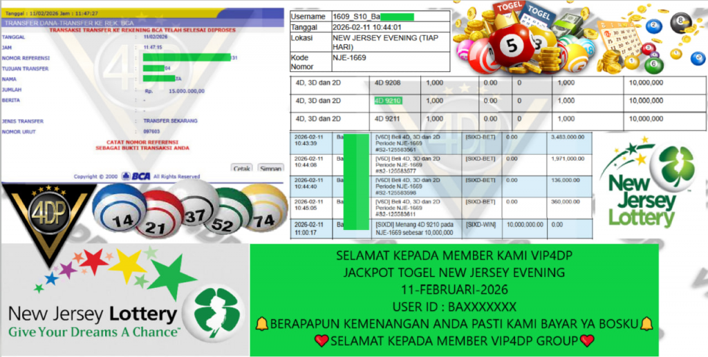 VIP4DP JACKPOT TOGEL NEW JERSEY EVENING “9210” Rp.15.000.000,- LUNAS