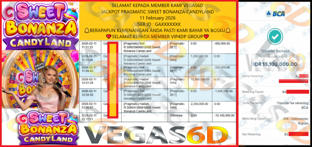 VEGAS6D JACKPOT PRAGMATIC SWEET BONANZA CANDYLAND Rp.15.100.000,- LUNAS