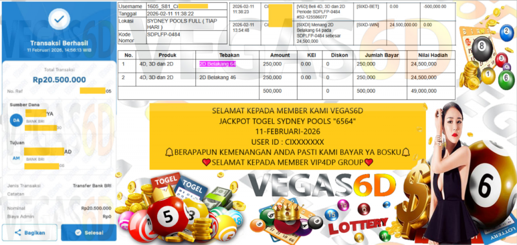 VEGAS6D JACKPOT TOGEL SYDNEY POOLS “6564” Rp.20.500.000,- LUNAS