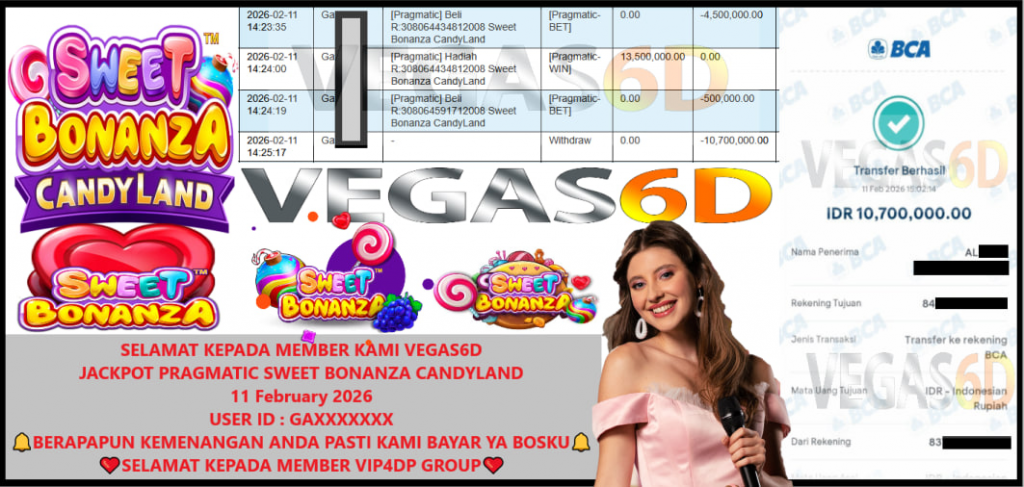 VEGAS6D JACKPOT PRAGMATIC SWEET BONANZA CANDYLAND Rp.10.700.000,- LUNAS
