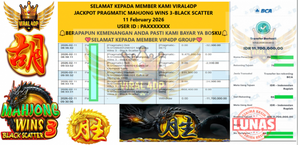 VIRAL4DP JACKPOT PRAGMATIC MAHJONG WINS 3-BLACK SCATTER Rp.11.700.000,- LUNAS