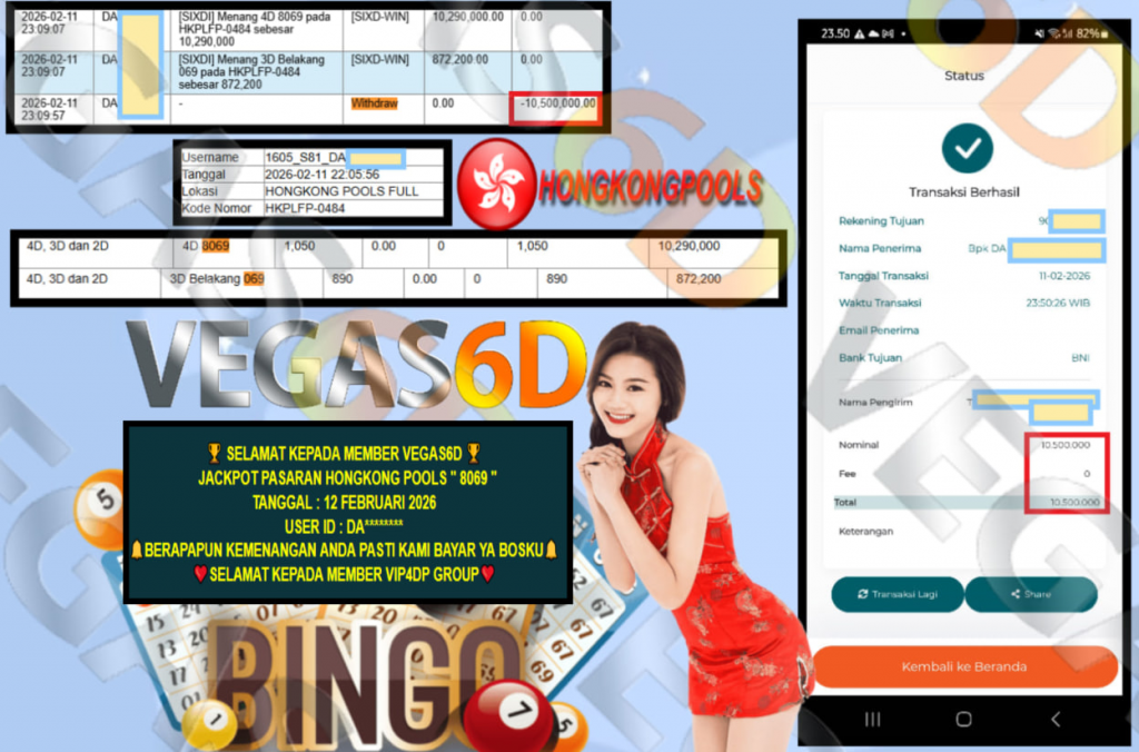 VEGAS6D JACKPOT PASARAN HONGKONG POOLS ” 8069 ” Rp.10.500.000,- LUNAS
