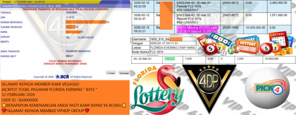 VIP4DP JACKPOT TOGEL PASARAN FLORIDA EVENING ” 8312 ” Rp.10.000.000,- LUNAS