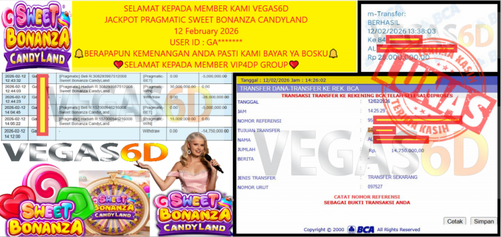 VEGAS6D JACKPOT PRAGMATIC SWEET BONANZA CANDYLAND Rp.42.750.000,- LUNAS