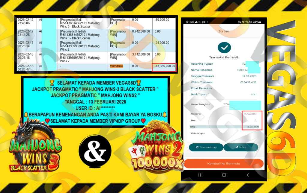 VEGAS6D JACKPOT PRAGMATIC MAHJONG WINS-3 BLACK SCATTER & MAHJONG WINS2 Rp.13.355.000,- LUNAS
