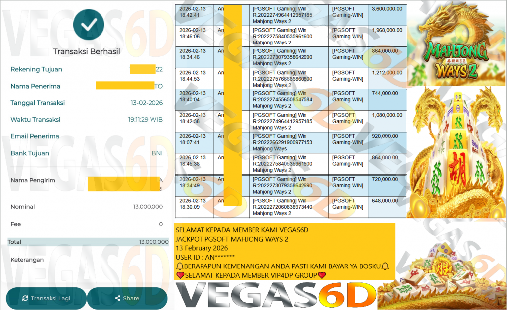 VEGAS6D JACKPOT PGSOFT MAHJONG WAYS 2 Rp.13.100.000,- LUNAS