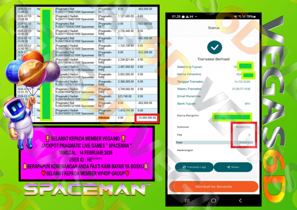 VEGAS6D JACKPOT PRAGMATIC LIVE GAMES SPACEMAN Rp.15.000.000,- LUNAS
