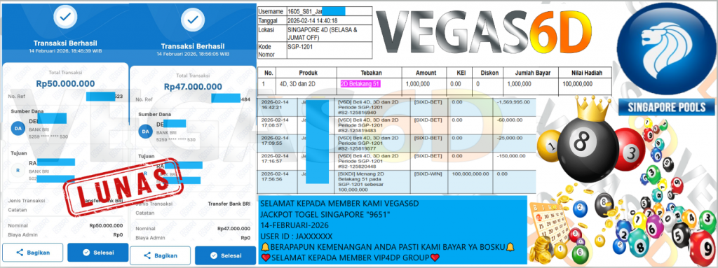 VEGAS6D JACKPOT TOGEL SINGAPORE “9651” Rp.97.000.000,- LUNAS