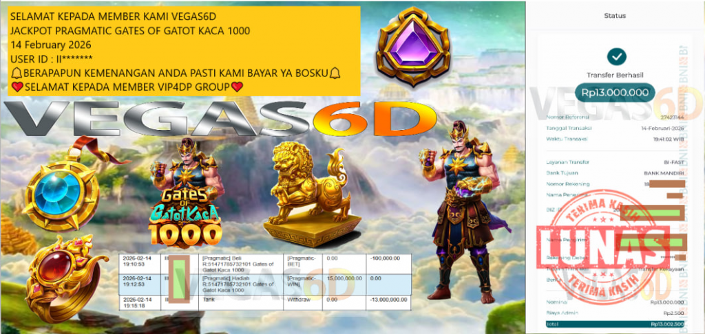 VEGAS6D JACKPOT PRAGMATIC GATES OF GATOT KACA 1000 Rp.13.000.000,- LUNAS