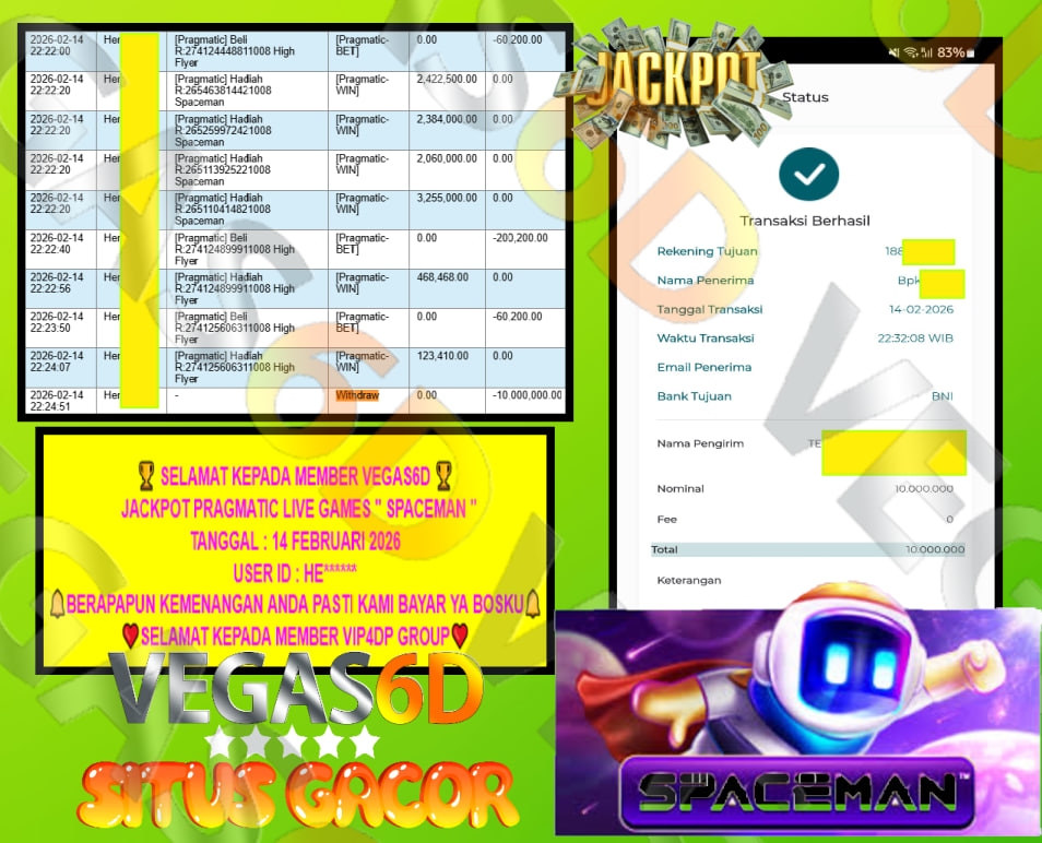 VEGAS6D JACKPOT PRAGMATIC LIVE GAMES SPACEMAN Rp.10.000.000,- LUNAS