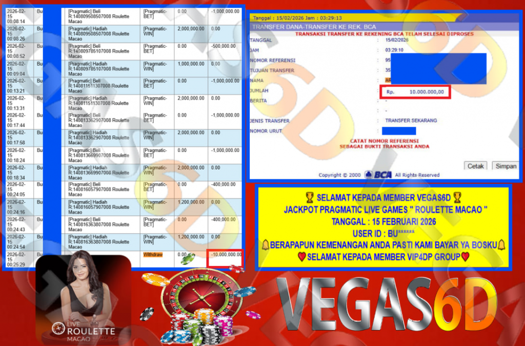 VEGAS6D JACKPOT PRAGMATIC LIVE GAMES ROULETTE MACAO Rp.10.000.000,- LUNAS