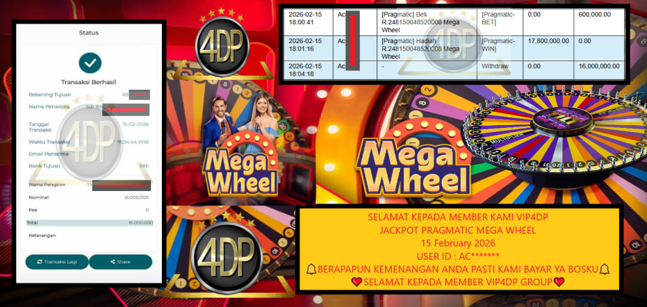 VIP4DP JACKPOT PRAGMATIC MEGA WHEEL Rp.16.000.000,- LUNAS